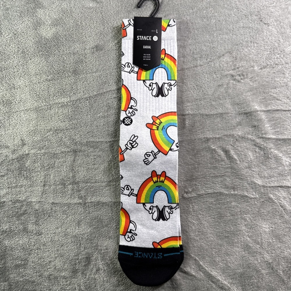 STANCE VibeOn Rainbow Hands‎ & Feet Peace Crew Socks Men's Sz Large 9-13 NWT